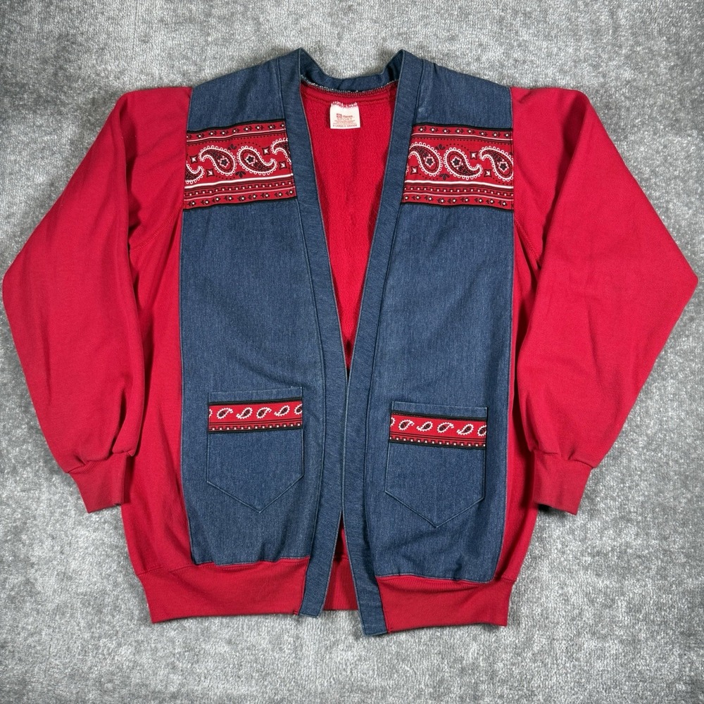 Vintage Sweatshirt Cardigan Denim Style Panels Red Paisley Hanes XL